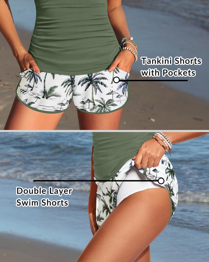 Yonique Women Tankini Swimsuit with Shorts - Two Piece Tummy Control Bathing Suit with Pockets 2025 Swimwear Green Palm Tree S - Image 5