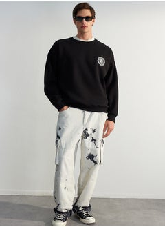 trendyol Black Oversize/Wide Cut Floral Embroidered Cotton Sweatshirt with Fleece Inside TMNAW24SW00012  - Image 1