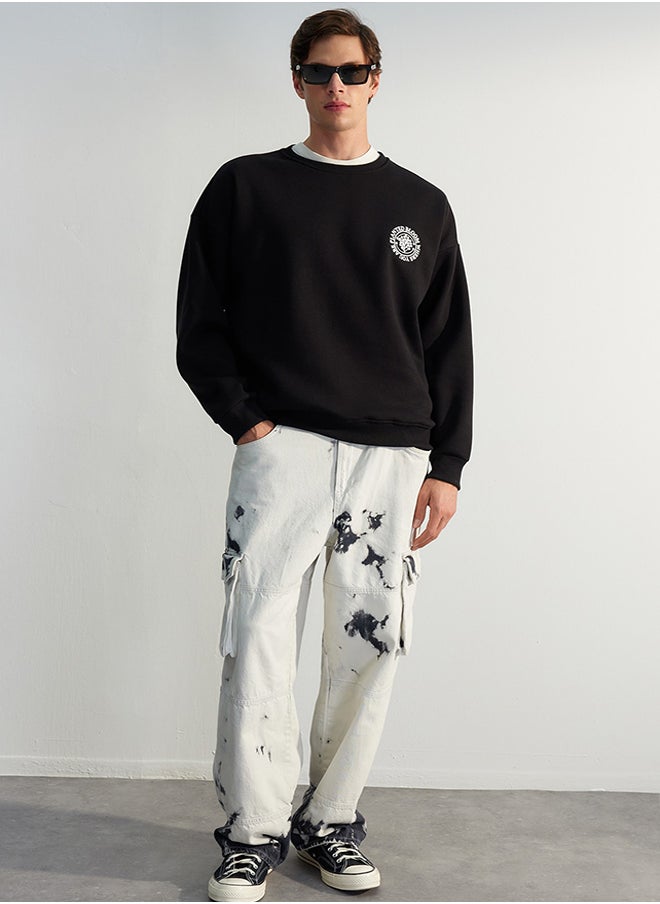 trendyol Black Oversize/Wide Cut Floral Embroidered Cotton Sweatshirt with Fleece Inside TMNAW24SW00012  - Image 1