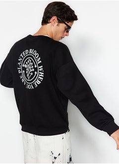 trendyol Black Oversize/Wide Cut Floral Embroidered Cotton Sweatshirt with Fleece Inside TMNAW24SW00012  - Image 3