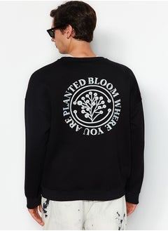 trendyol Black Oversize/Wide Cut Floral Embroidered Cotton Sweatshirt with Fleece Inside TMNAW24SW00012  - Image 5