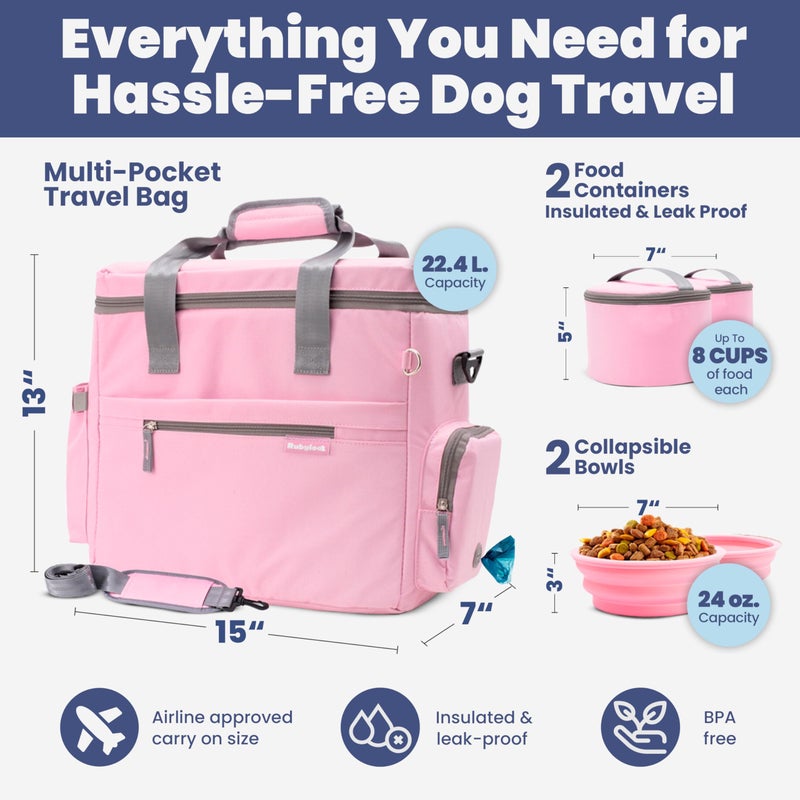 rubyloo The Original Doggy Bagâ„¢ - Complete Dog Travel Bag for Supplies with 2 BPA-Free Travel Bowls & 2 Pet Food Containers - A Dog Mom Gift for Day Trips, Camping, Road Trips & Weekends Away: Lt. Pink - Image 4