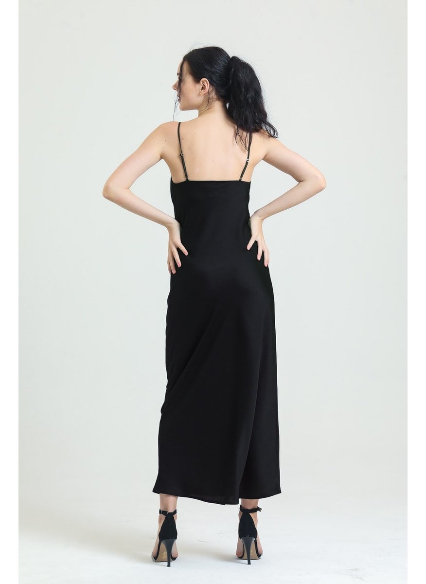 Magic Form - 9790 Women's Black Cowl Collar Crepe Satin Long Nightgown - Image 1