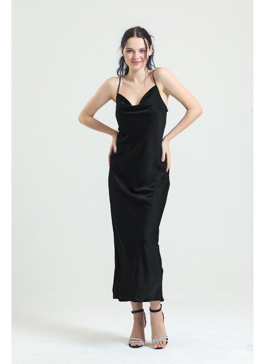 Magic Form - 9790 Women's Black Cowl Collar Crepe Satin Long Nightgown - Image 1