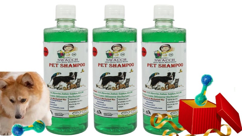 swacch Pet Shampoo + Dumbbell Toy I Durable Rubber Dog Toy for Chewing I Playing,Teeth Cleaning & Training Toy I Combo Pack I 500ml Pack of 3 Neem Alovera - Image 1