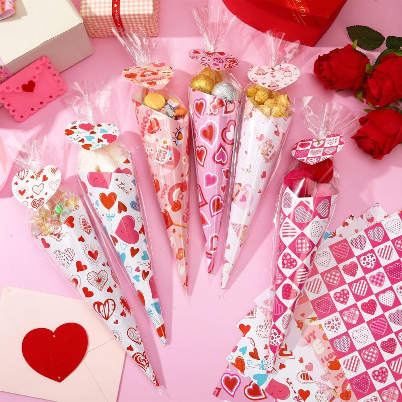 JULBEAR 30-Pack Valentine's Day Craft Kit for Kids Valentine's Day DIY Treat Bags Kit, Cone Bags, Wrapping Paper Heart Labels for Classroom Parties, Gifts Crafts - Image 5