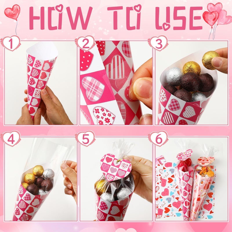 JULBEAR 30-Pack Valentine's Day Craft Kit for Kids Valentine's Day DIY Treat Bags Kit, Cone Bags, Wrapping Paper Heart Labels for Classroom Parties, Gifts Crafts - Image 3