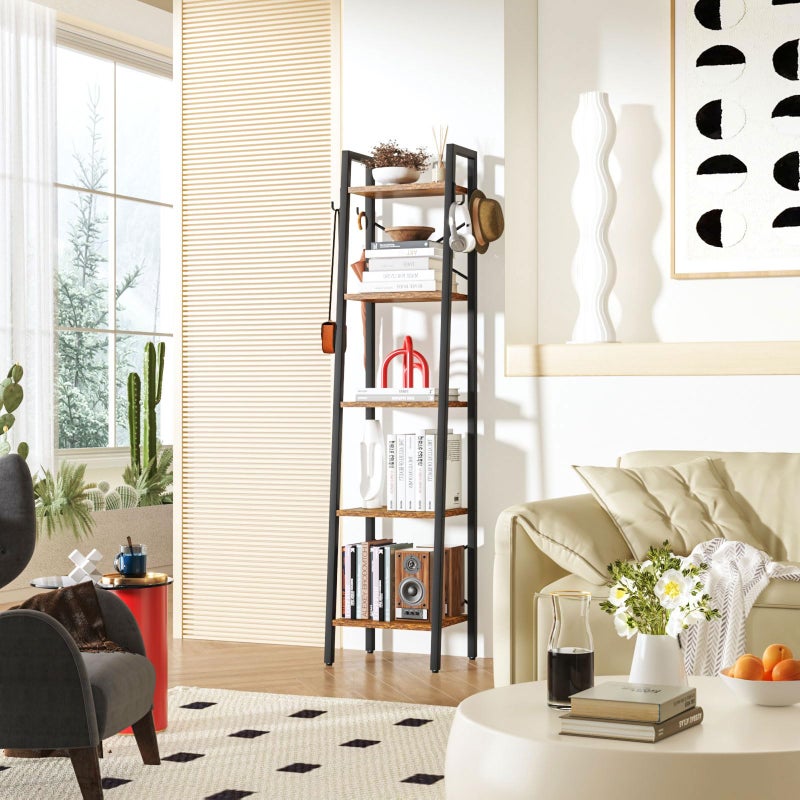 YMYNY 5 Tier Ladder Bookshelf Height 160CM Bookcase Freestanding Storage Organiser Shelves Shelving Unit for Living Room Bedroom Kitchen Plant Stand Industrial Rustic Brown HBC025H