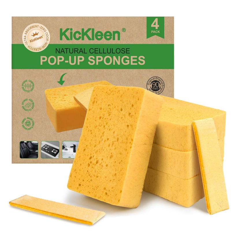 kickleen 4 Pack Compostable Thicker Pop-Up Sponges - Expanding, Non-Scratch, Plant-Based Dish Cellulose Sponges Car Wash Sponge - Image 1