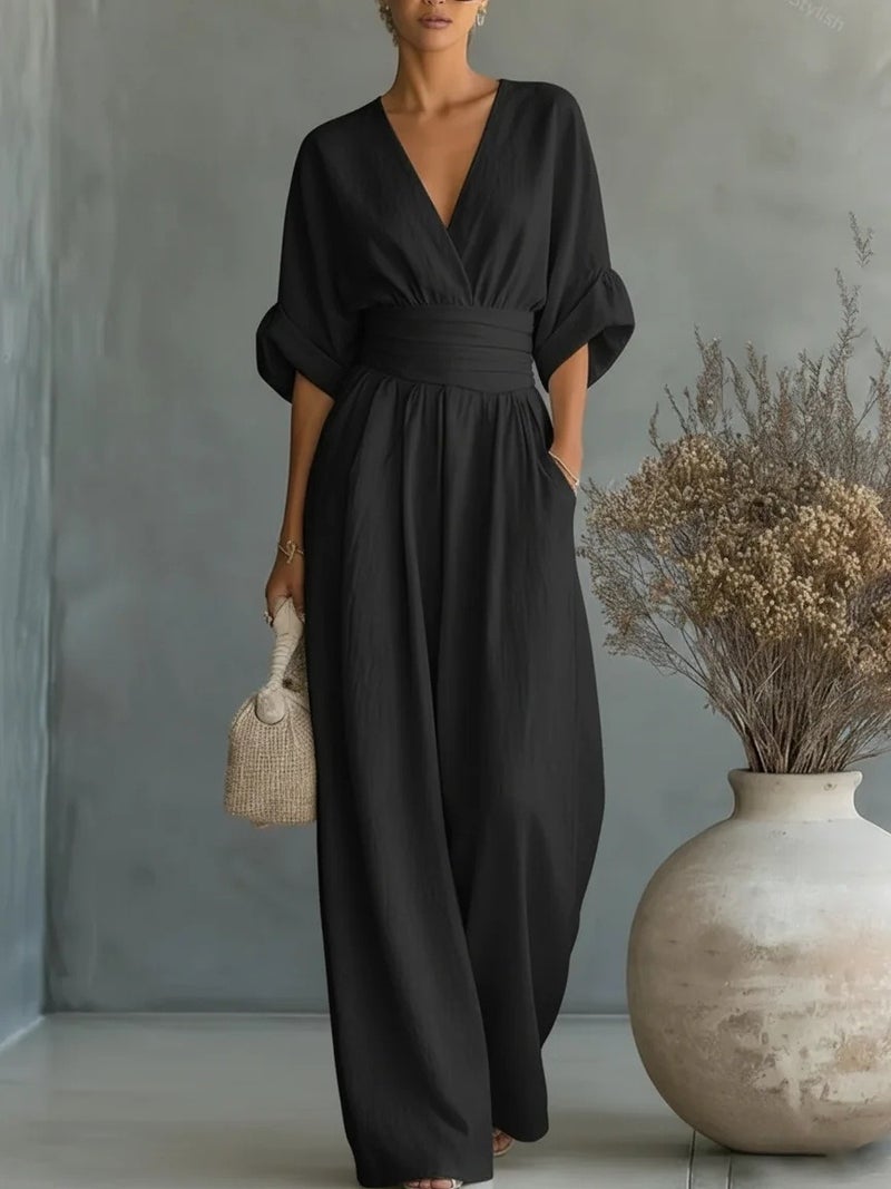 2026 European and American Cross-Border Spring/Summer New Elegant High-Waisted V-Neck Jumpsuit