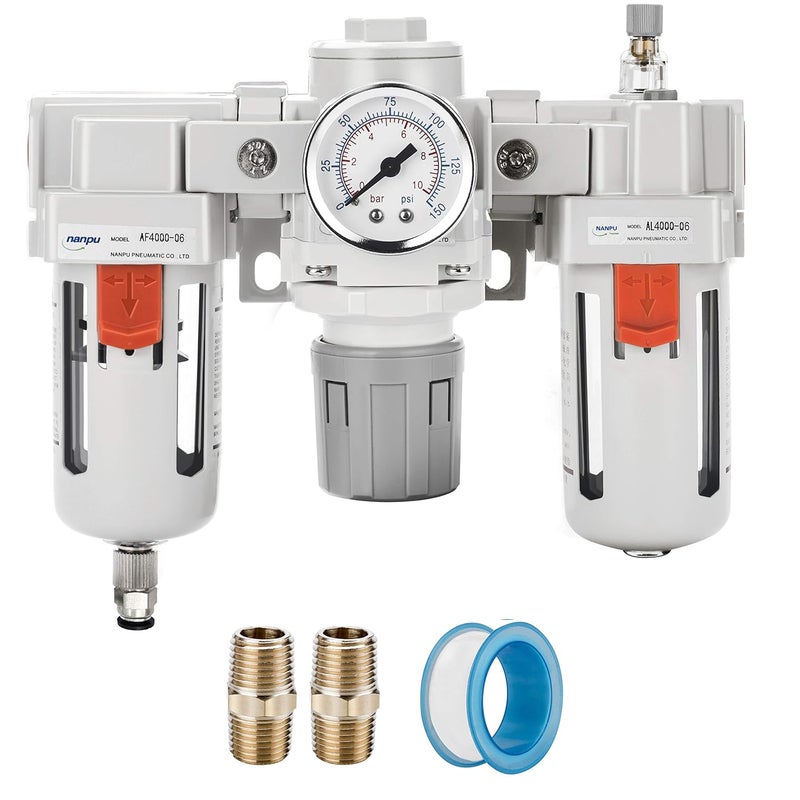 NANPU 3/4" NPT Air Filter, Regulator & Lubricator (FRL) Combo - Water/Oil Trap Separator - Pressure Gauge(0-150 psi), 5 Micron Brass Element, Semi-Auto Drain, Poly Bowl, Metal Bracket - Image 1