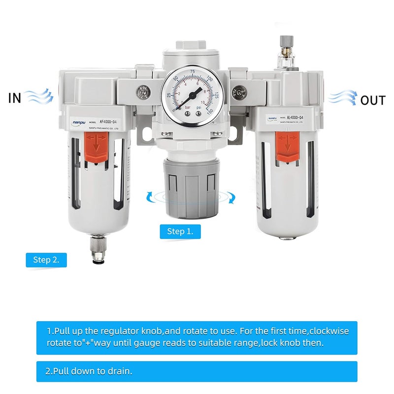 NANPU 3/4" NPT Air Filter, Regulator & Lubricator (FRL) Combo - Water/Oil Trap Separator - Pressure Gauge(0-150 psi), 5 Micron Brass Element, Semi-Auto Drain, Poly Bowl, Metal Bracket - Image 4