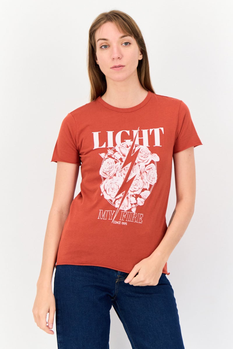 ONLY Women Round Neck Short Sleeves Graphic Print T-shirt, Red  - Image 1