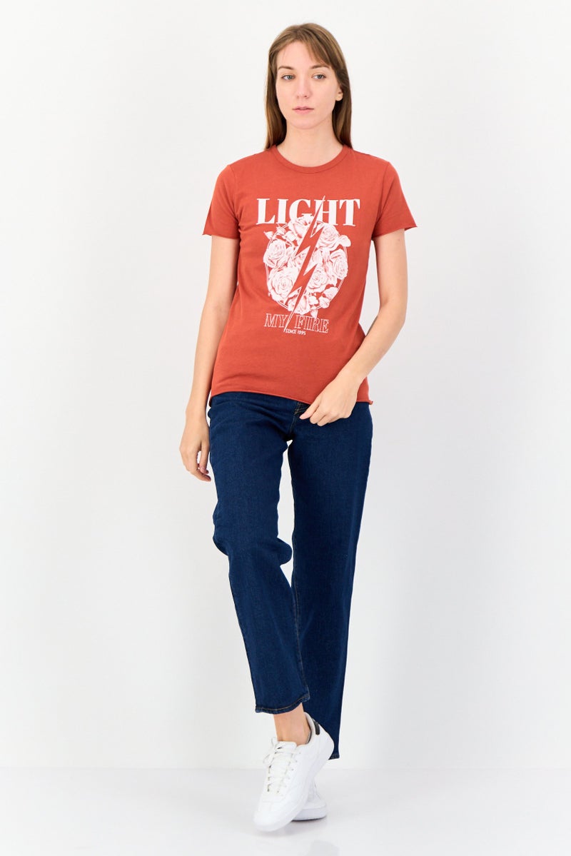ONLY Women Round Neck Short Sleeves Graphic Print T-shirt, Red  - Image 3