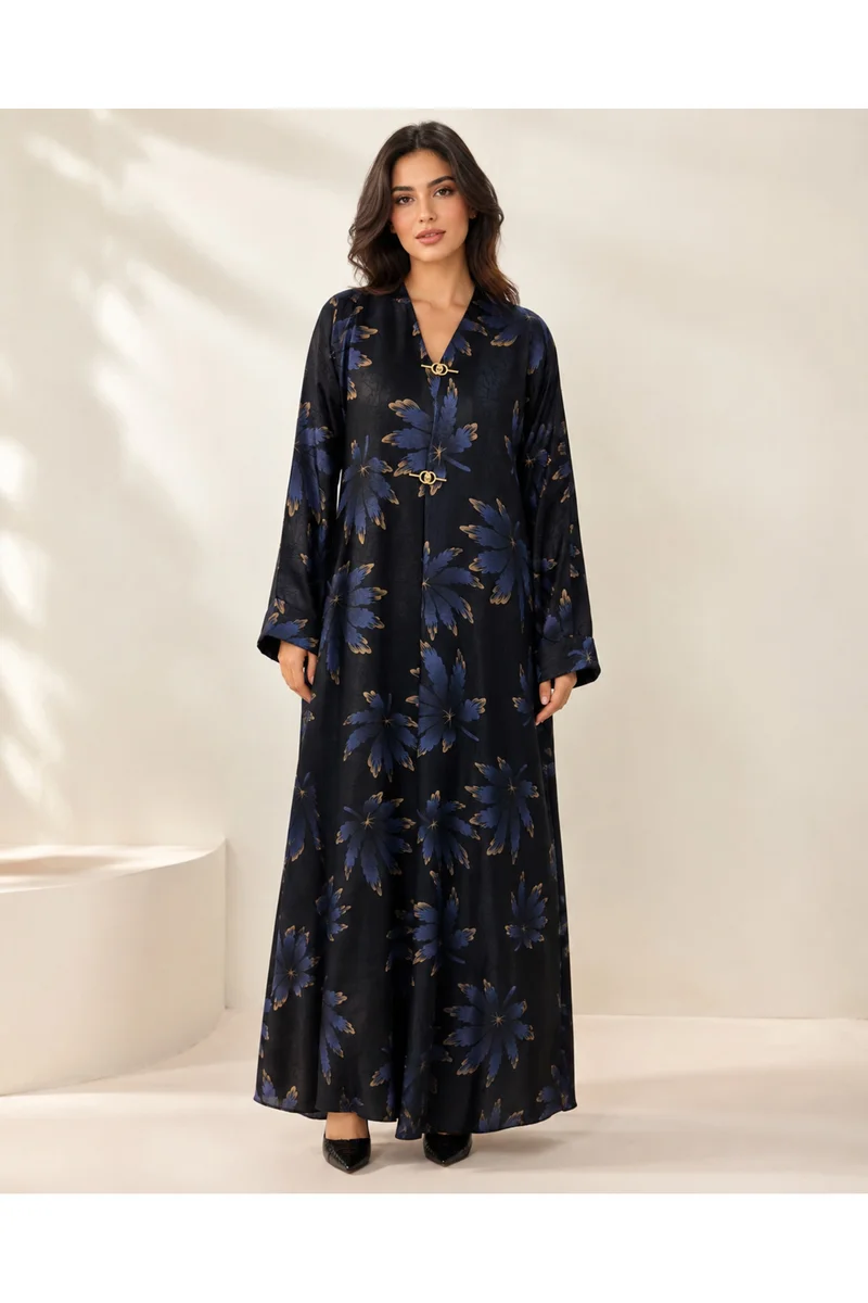 Kavalee Women's Black & Navy Blue Floral Print Abaya with Gold-Tone Clasp Detail - Full-Length Elegant Modest Dress