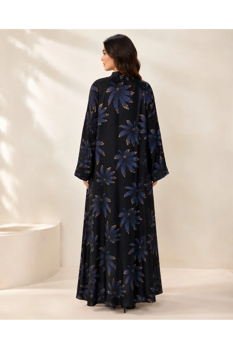 Kavalee Women's Black & Navy Blue Floral Print Abaya with Gold-Tone Clasp Detail - Full-Length Elegant Modest Dress