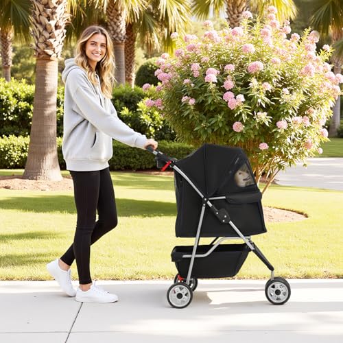 BestPet | 3-Wheel Pet Stroller | Dog and Cat Stroller | Breathable Mesh | Lightweight Travel Carrier | Waterproof & Foldable Design | Storage Basket | Black | for Daily Walks & Outdoor Use - Image 2