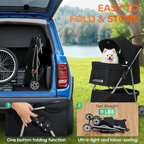 BestPet | 3-Wheel Pet Stroller | Dog and Cat Stroller | Breathable Mesh | Lightweight Travel Carrier | Waterproof & Foldable Design | Storage Basket | Black | for Daily Walks & Outdoor Use - Image 4
