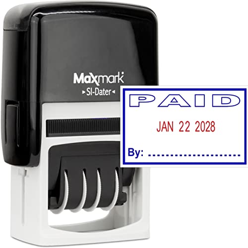 MaxMark Office Self Inking Date Stamp with Phrase Paid - 2 Color Blue/Red Ink - Image 1