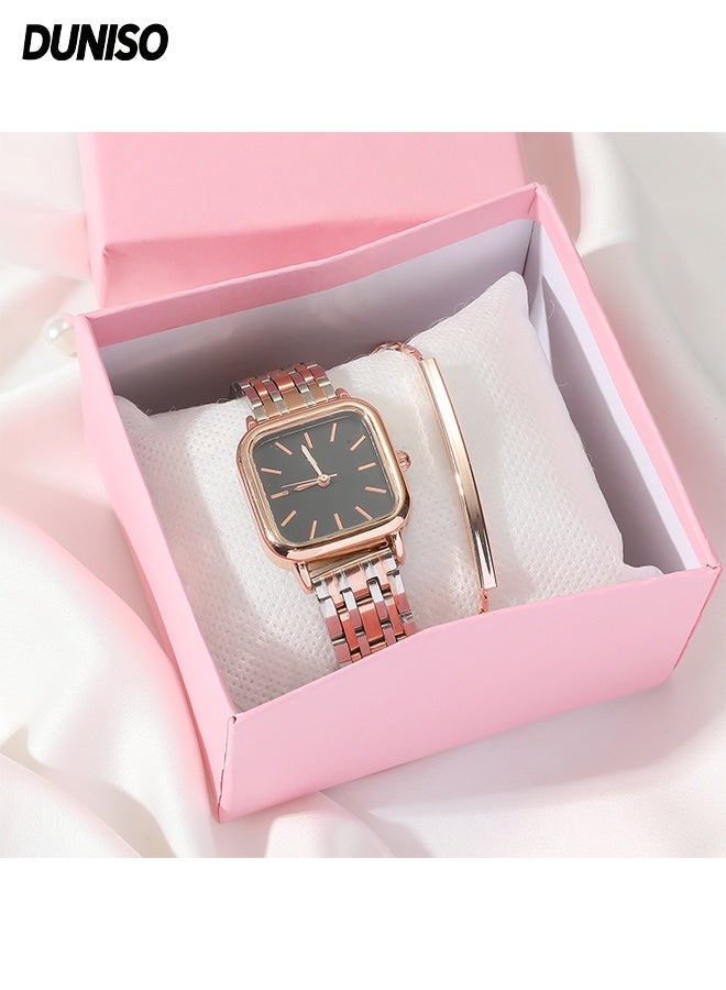 DUNISO 2 Pieces Women's Elegant Watch and Bracelet Set，Stainless Steel Quartz Square Watch，Casual Fashion Watch Bracelet,as a Gift for Women - Image 2