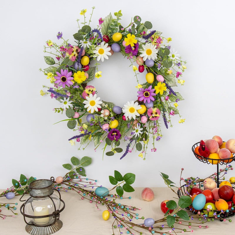 MG MagicGarden Artificial Easter Wreath 22 Inch Easter Wreaths for Front Door Colorful Egg Wreath with Flowers Green Leaves for Spring Summer Wall Porch Farmhouse - Image 2