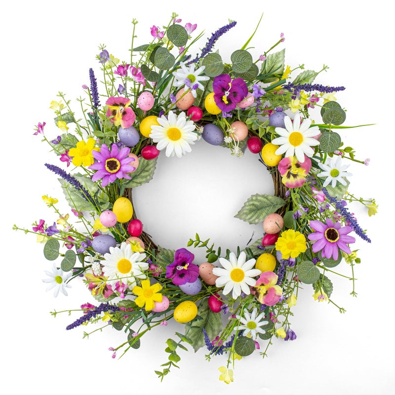 MG MagicGarden Artificial Easter Wreath 22 Inch Easter Wreaths for Front Door Colorful Egg Wreath with Flowers Green Leaves for Spring Summer Wall Porch Farmhouse - Image 1