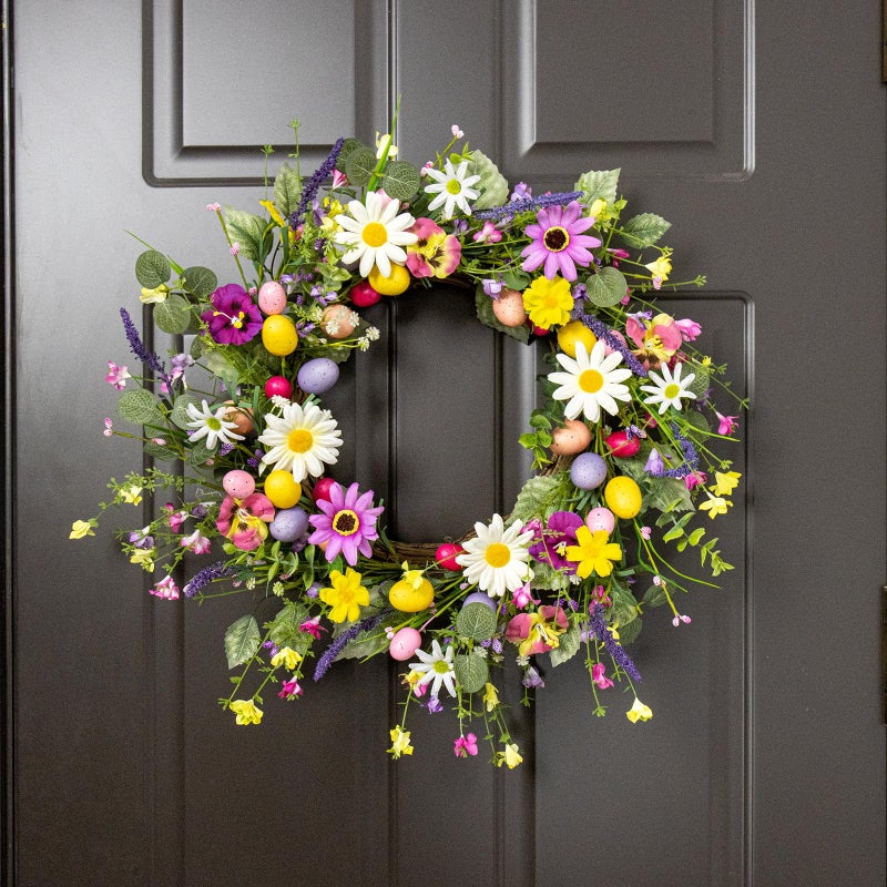 MG MagicGarden Artificial Easter Wreath 22 Inch Easter Wreaths for Front Door Colorful Egg Wreath with Flowers Green Leaves for Spring Summer Wall Porch Farmhouse - Image 3