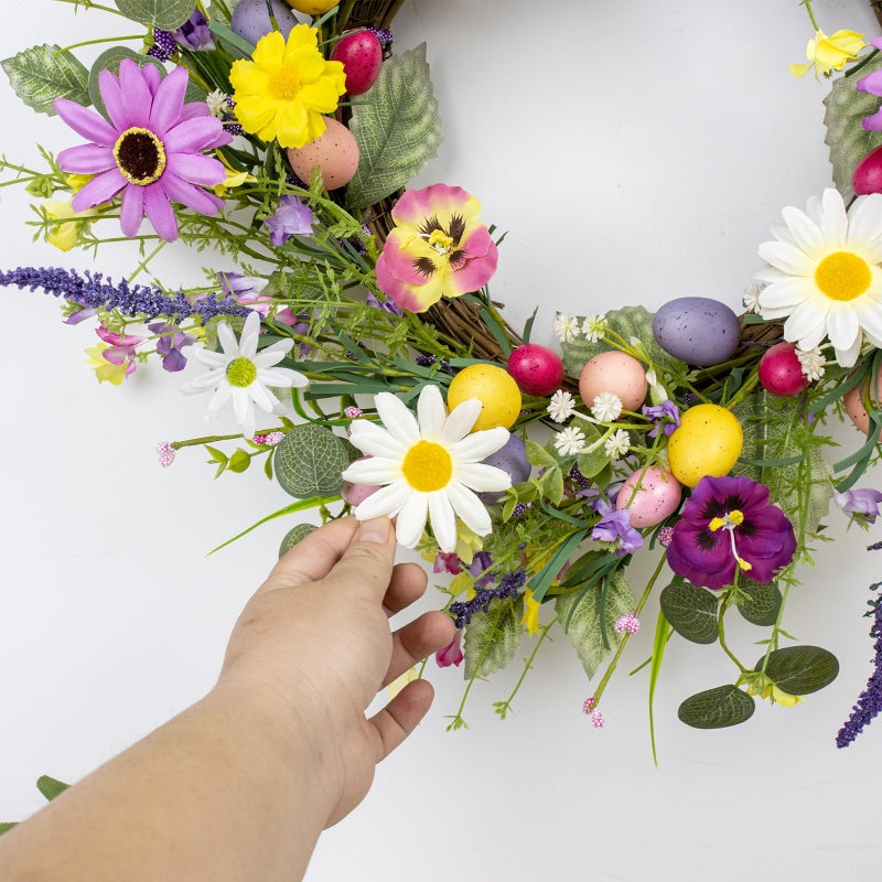 MG MagicGarden Artificial Easter Wreath 22 Inch Easter Wreaths for Front Door Colorful Egg Wreath with Flowers Green Leaves for Spring Summer Wall Porch Farmhouse - Image 5