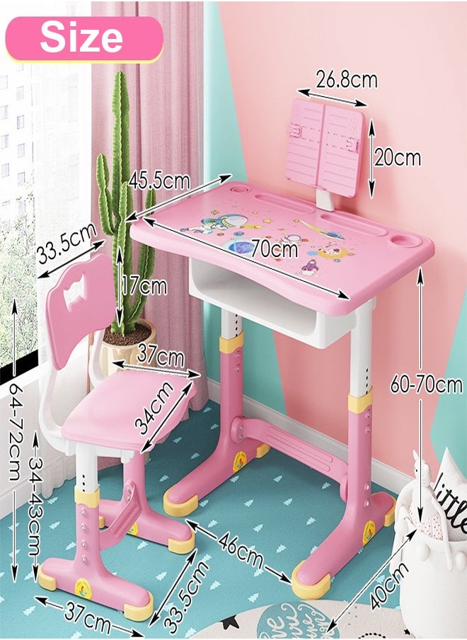 fashionhome Modern Ergonomic Design Adjustable Height Student Desk Chair with Storage Drawer Lamp and Book Holder Study Reading and Drawing Workstation Table Desk and Chair Set Kid Furniture  70x45.5x70 & 34x37x72 cm  - Image 2