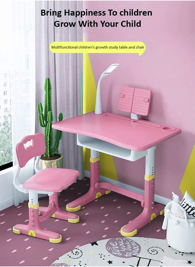 fashionhome Modern Ergonomic Design Adjustable Height Student Desk Chair with Storage Drawer Lamp and Book Holder Study Reading and Drawing Workstation Table Desk and Chair Set Kid Furniture  70x45.5x70 & 34x37x72 cm  - Image 4