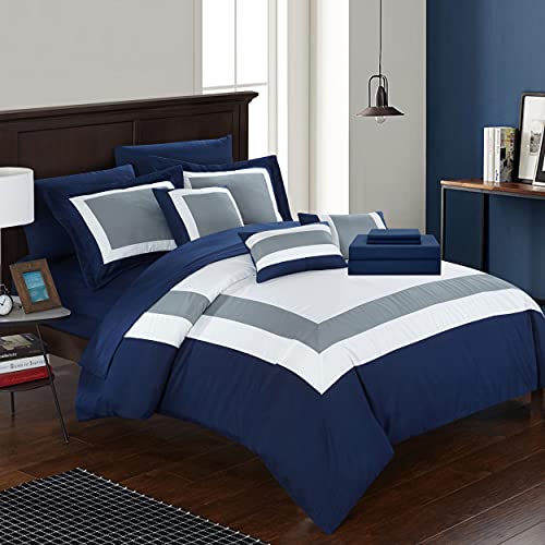 Chic Home Duke Queen Comforter Set 10-Piece, Colorblocked Queen Size Comforter Set with 2 Shams, 3 Pillows and Bedding Set Queen (Navy) - Image 2