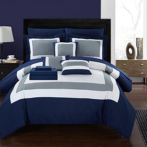 Chic Home Duke Queen Comforter Set 10-Piece, Colorblocked Queen Size Comforter Set with 2 Shams, 3 Pillows and Bedding Set Queen (Navy) - Image 1