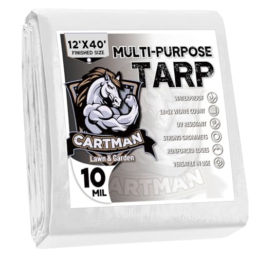 CARTMAN Finished Size 12x40 Feet 10 Mil White Heavy Duty Poly Tarp, Multipurpose Protective Cover, UV Resistant, Waterproof Poly Tarpaulin with Reinforced Edges Tarpaulin with Reinforced Edges - Image 1