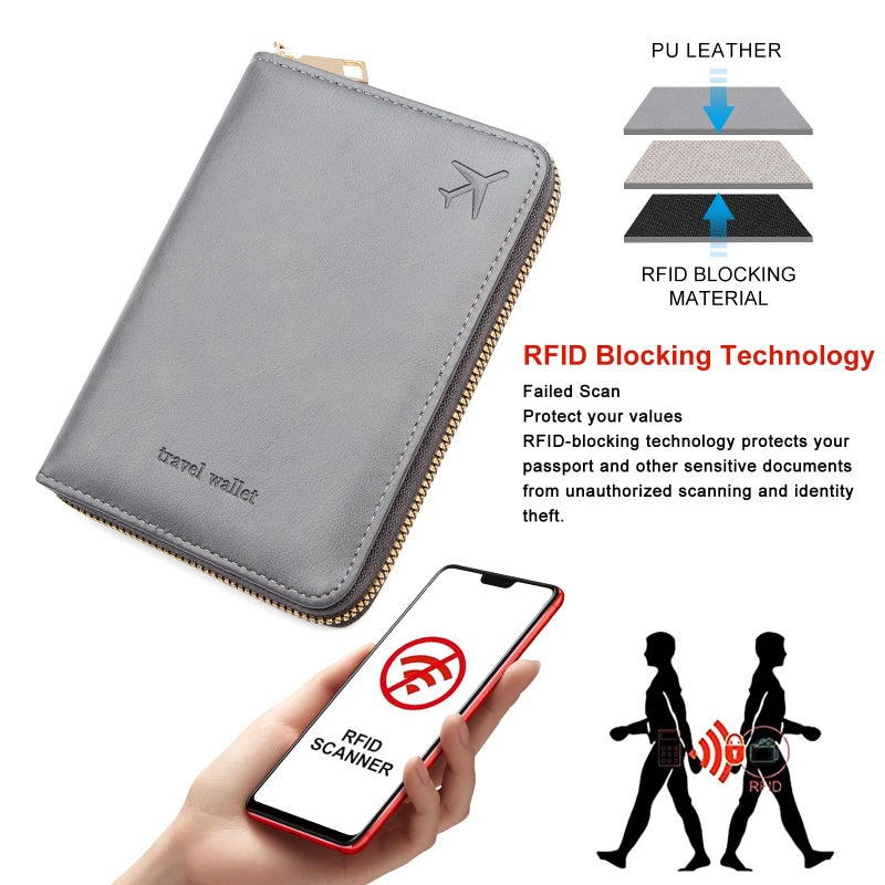 defway Passport Holder Travel Wallet - RFID Blocking Passport Holder Wallet, Full Zip Travel Card Cover with RFID Protection, Multi Slot Organizer for Cards Cash Documents Travel Essentials (Grey) - Image 4