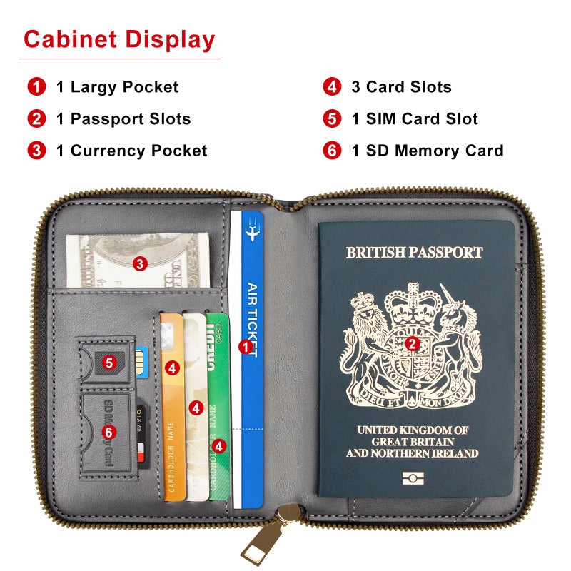 defway Passport Holder Travel Wallet - RFID Blocking Passport Holder Wallet, Full Zip Travel Card Cover with RFID Protection, Multi Slot Organizer for Cards Cash Documents Travel Essentials (Grey) - Image 2