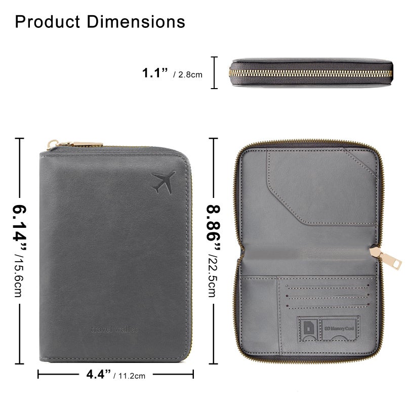 defway Passport Holder Travel Wallet - RFID Blocking Passport Holder Wallet, Full Zip Travel Card Cover with RFID Protection, Multi Slot Organizer for Cards Cash Documents Travel Essentials (Grey) - Image 5