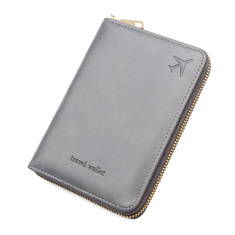 defway Passport Holder Travel Wallet - RFID Blocking Passport Holder Wallet, Full Zip Travel Card Cover with RFID Protection, Multi Slot Organizer for Cards Cash Documents Travel Essentials (Grey) - Image 1
