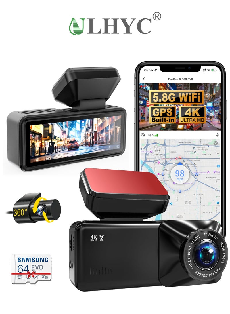 ULHYC Dual-Lens Dash Cam For Front And Rear Recording, With Ultra-Clear 4K+1K Resolution. Built-In 5G Wifi, 3.19-Inch Lcd Touch Screen. Equipped With 24-Hour Parking Monitoring, Super Night Vision, Wide Dynamic Range, 170° Wide-Angle Lens, Gravity Sensor, Loop Recording, And App Control. Supports Gps Function. Maximum Operating Temperature Up To 85°C. Built-In 64G High-Speed Memory Card. - Image 1