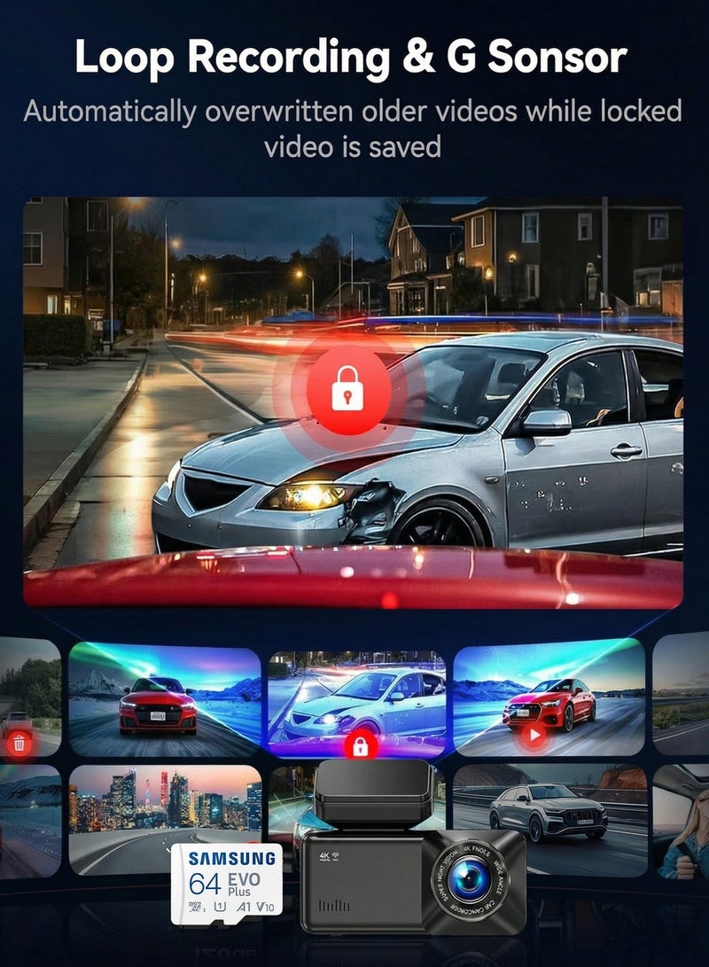 ULHYC Dual-Lens Dash Cam For Front And Rear Recording, With Ultra-Clear 4K+1K Resolution. Built-In 5G Wifi, 3.19-Inch Lcd Touch Screen. Equipped With 24-Hour Parking Monitoring, Super Night Vision, Wide Dynamic Range, 170° Wide-Angle Lens, Gravity Sensor, Loop Recording, And App Control. Supports Gps Function. Maximum Operating Temperature Up To 85°C. Built-In 64G High-Speed Memory Card. - Image 4