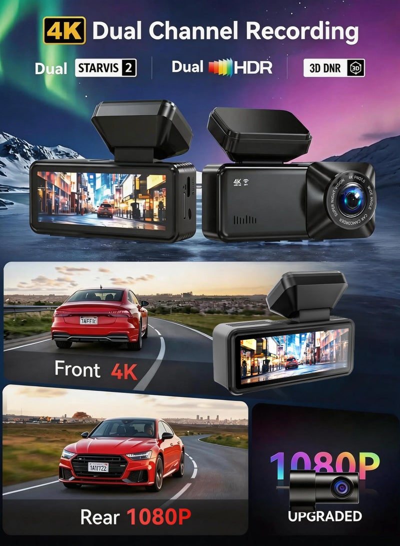 ULHYC Dual-Lens Dash Cam For Front And Rear Recording, With Ultra-Clear 4K+1K Resolution. Built-In 5G Wifi, 3.19-Inch Lcd Touch Screen. Equipped With 24-Hour Parking Monitoring, Super Night Vision, Wide Dynamic Range, 170° Wide-Angle Lens, Gravity Sensor, Loop Recording, And App Control. Supports Gps Function. Maximum Operating Temperature Up To 85°C. Built-In 64G High-Speed Memory Card. - Image 2