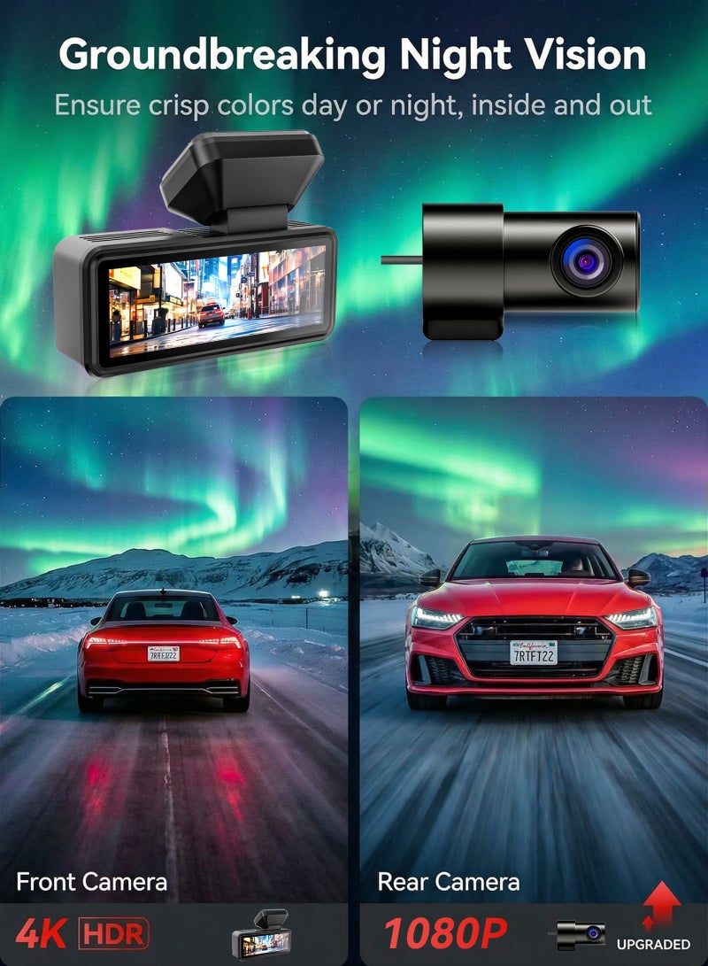 ULHYC Dual-Lens Dash Cam For Front And Rear Recording, With Ultra-Clear 4K+1K Resolution. Built-In 5G Wifi, 3.19-Inch Lcd Touch Screen. Equipped With 24-Hour Parking Monitoring, Super Night Vision, Wide Dynamic Range, 170° Wide-Angle Lens, Gravity Sensor, Loop Recording, And App Control. Supports Gps Function. Maximum Operating Temperature Up To 85°C. Built-In 64G High-Speed Memory Card. - Image 3