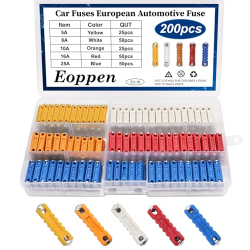 Eoppen 200Pcs Torpedo Fuses European Automotive Fuse Assortment Kit 5A 8A 10A 16A 25A for Old Style Classic Cars - Image 1