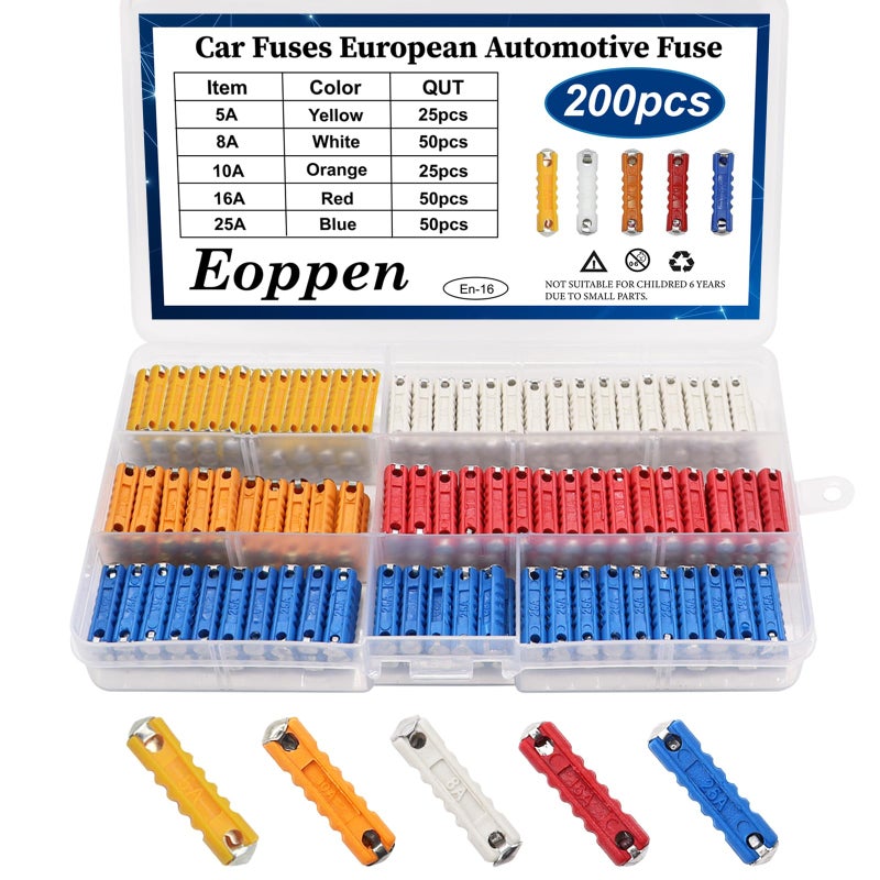 Eoppen 200Pcs Torpedo Fuses European Automotive Fuse Assortment Kit 5A 8A 10A 16A 25A for Old Style Classic Cars - Image 3