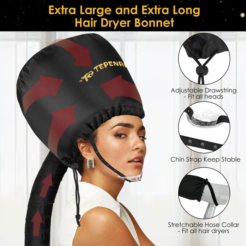 TEPENAR Bonnet Hair Dryer Attachment, Large - Black, Upgraded Soft Adjustable for Hand Held Hair Dryer, Fast Drying, Ideal for Natural Curly Textured Hair Care and Speeds Up Drying Time at Home - Image 2