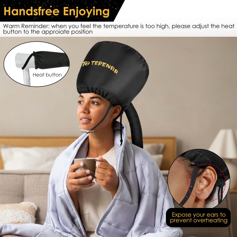 TEPENAR Bonnet Hair Dryer Attachment, Large - Black, Upgraded Soft Adjustable for Hand Held Hair Dryer, Fast Drying, Ideal for Natural Curly Textured Hair Care and Speeds Up Drying Time at Home - Image 5