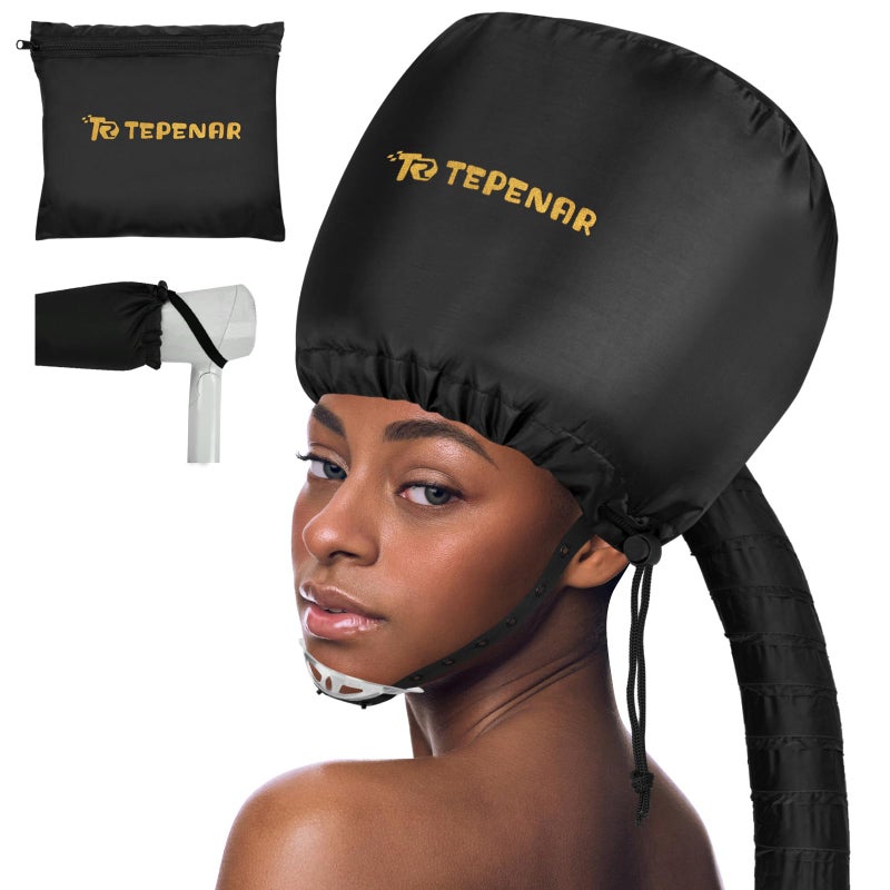TEPENAR Bonnet Hair Dryer Attachment, Large - Black, Upgraded Soft Adjustable for Hand Held Hair Dryer, Fast Drying, Ideal for Natural Curly Textured Hair Care and Speeds Up Drying Time at Home - Image 1