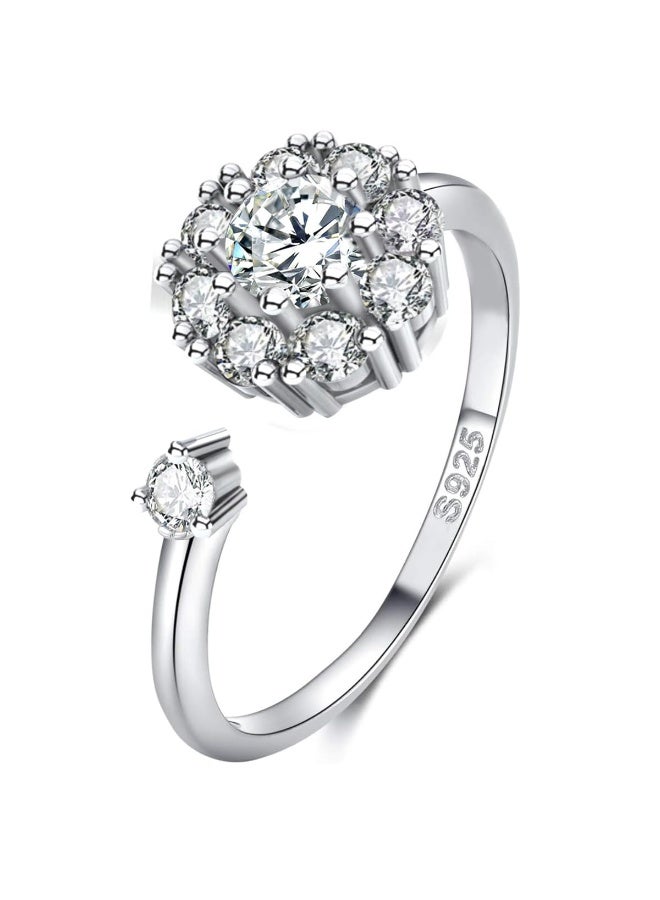 خاتم مويسانيت نسائي، مطلي بالفضة عيار 925 والذهب الأبيض عيار 18 قيراطًا، مرصع بحجر مويسانيت مصنّع مخبريًا، خاتم فضي مفتوح قابل للتعديل، خاتم خطوبة، هدية مجوهرات. - Image 1