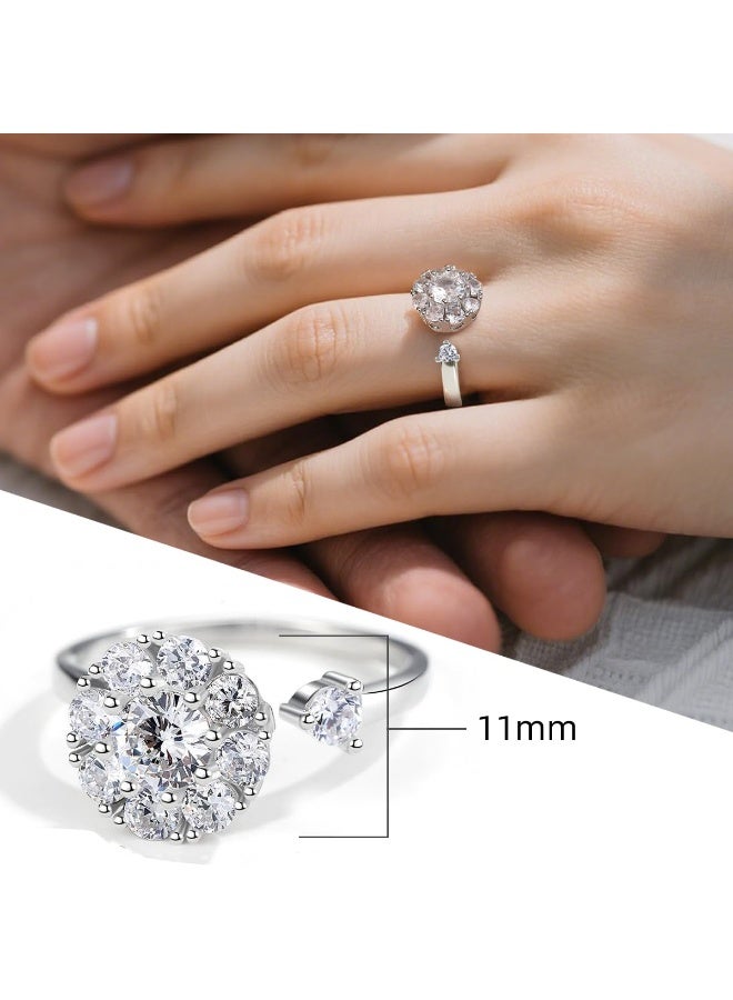 خاتم مويسانيت نسائي، مطلي بالفضة عيار 925 والذهب الأبيض عيار 18 قيراطًا، مرصع بحجر مويسانيت مصنّع مخبريًا، خاتم فضي مفتوح قابل للتعديل، خاتم خطوبة، هدية مجوهرات. - Image 3