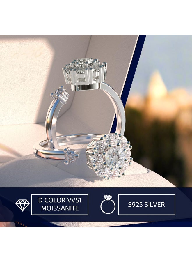 خاتم مويسانيت نسائي، مطلي بالفضة عيار 925 والذهب الأبيض عيار 18 قيراطًا، مرصع بحجر مويسانيت مصنّع مخبريًا، خاتم فضي مفتوح قابل للتعديل، خاتم خطوبة، هدية مجوهرات. - Image 2