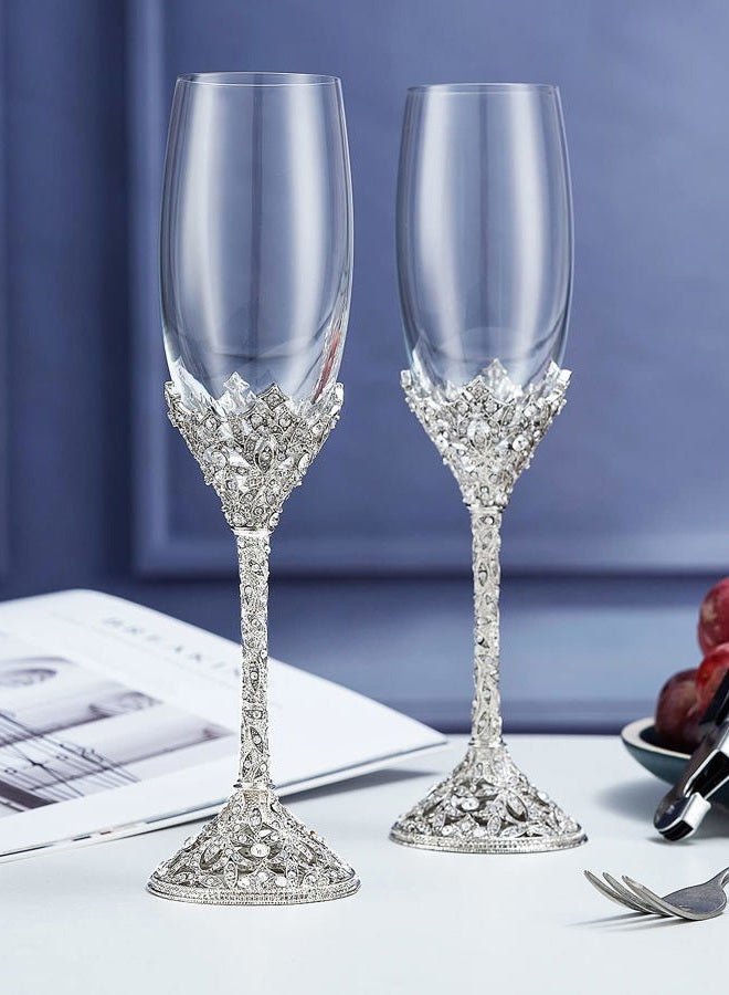 Jozen Gift Champagne Flutes - Crystal Glass Metal Base With Crystal Stones, Set of 2 Toasting Flute Pair, Wedding Anniversary Party Birthday Banquets and Gifts for Bride and Groom7oz - Image 1